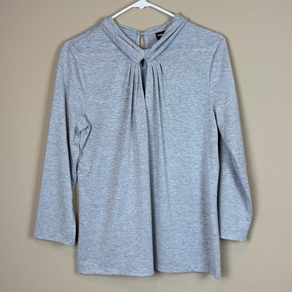 Karl Lagerfeld Paris Silver Shimmer Pleated Front/Keyhole Knit 3/4 Sleeve Blouse